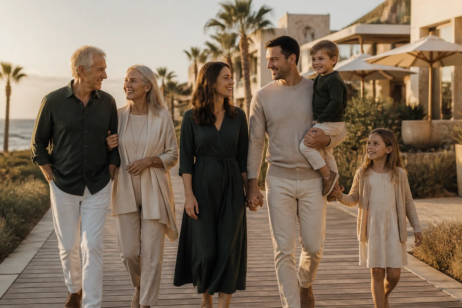 Grandparents walking with family at golden hour, traveling on their own terms