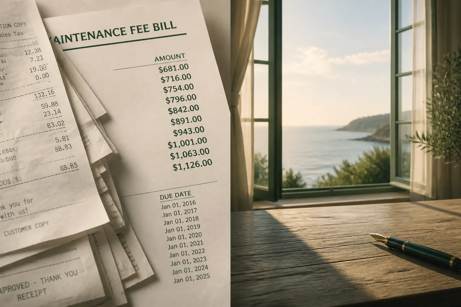 Rising maintenance-fee receipts beside a calm, fee-free morning
